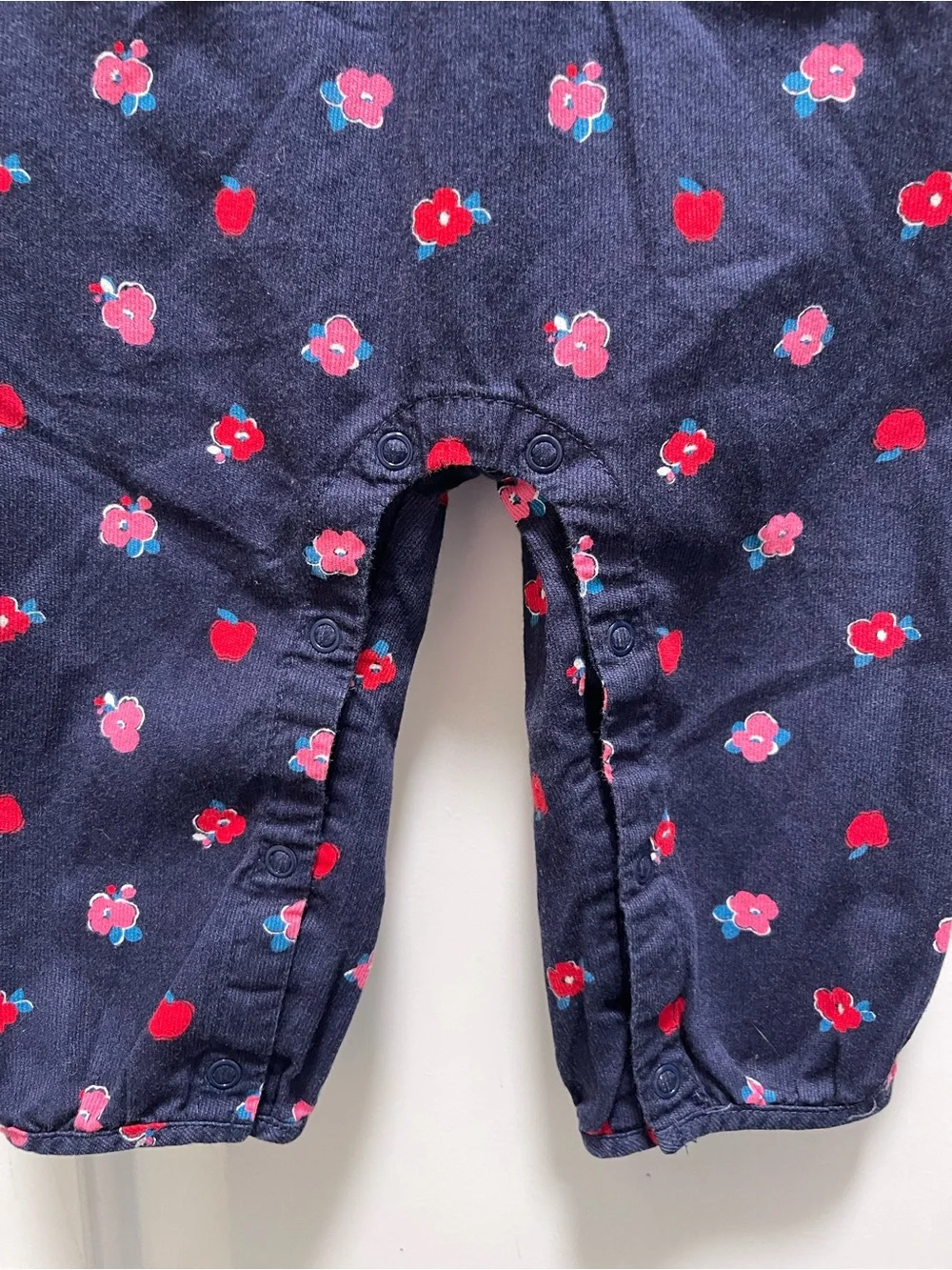 Vintage Gymboree 6-12M Baby Girl Navy Corduroy Floral Apple Overalls Romper